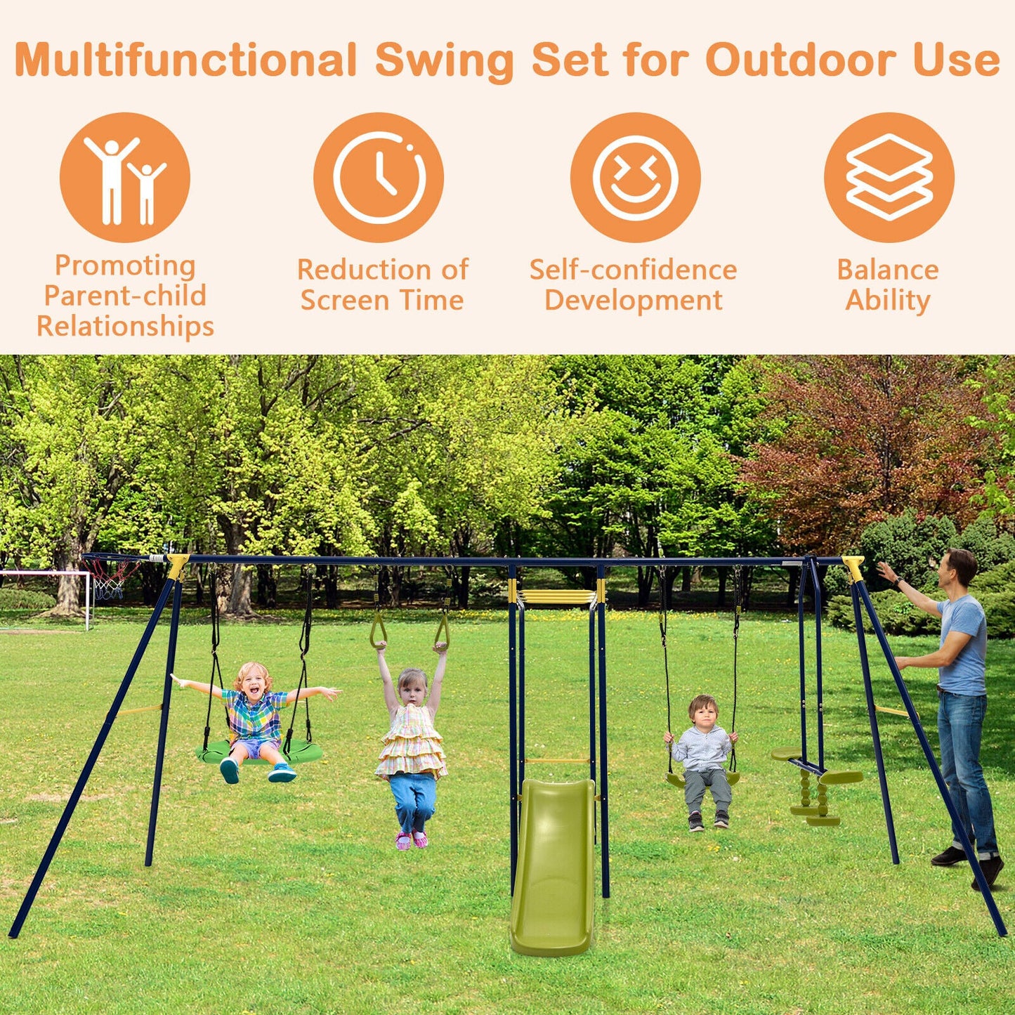 Set de columpios al aire libre en forma de A 7 en 1 para niños