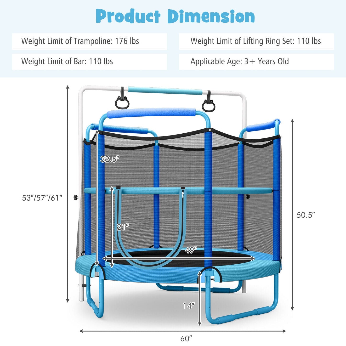 Trampoline de jeu 3-en-1 pour enfants de 1,5 m avec filet de sécurité - Bleu