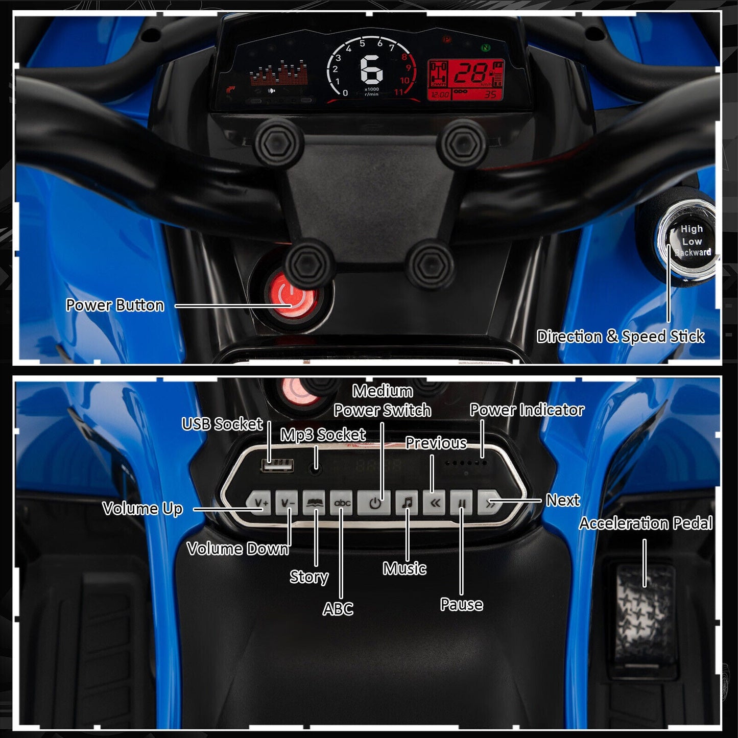 ATV para Niños de 12V con MP3 y Faros - Azul
