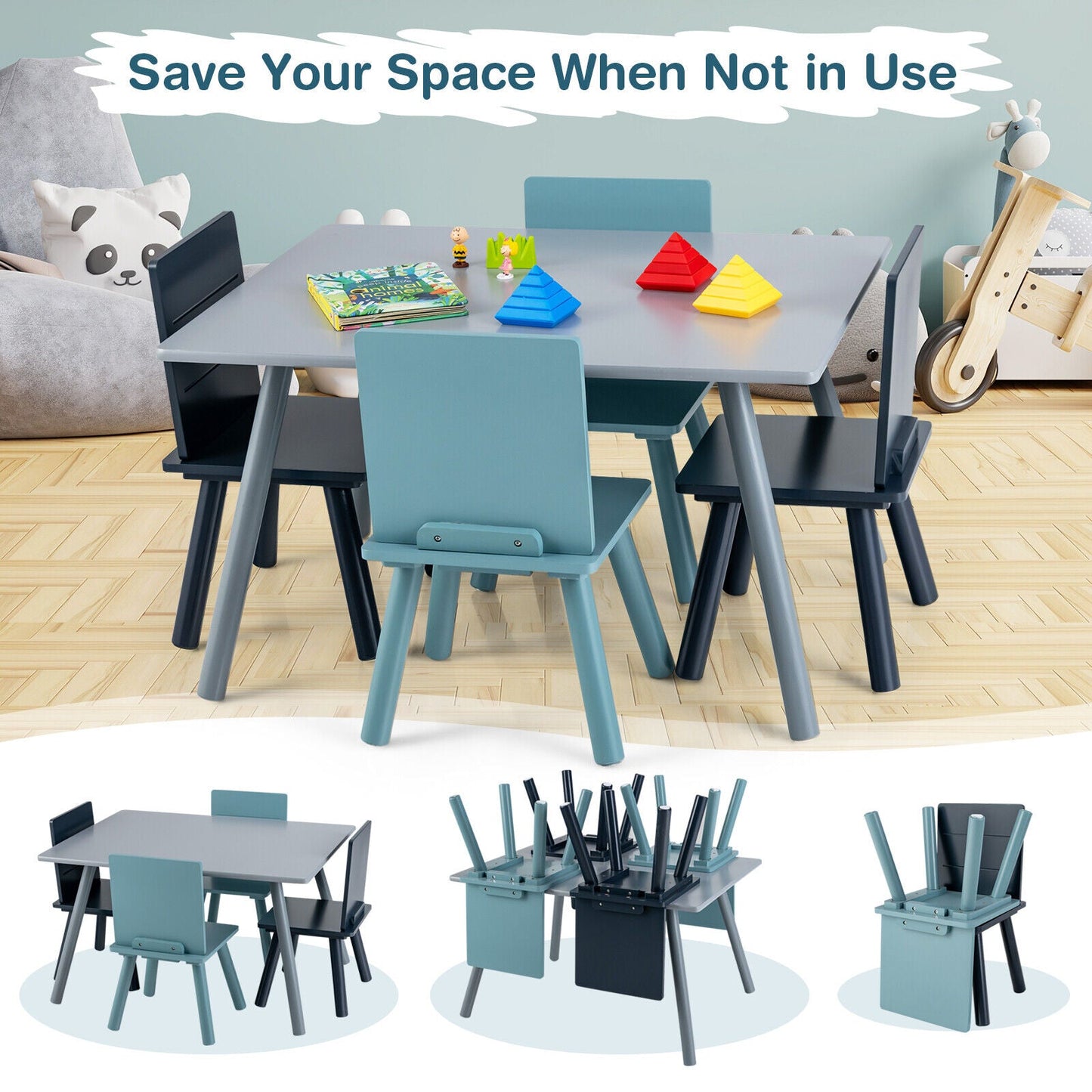 5-Piece Kids Wooden Activity Play Furniture Set - Blue