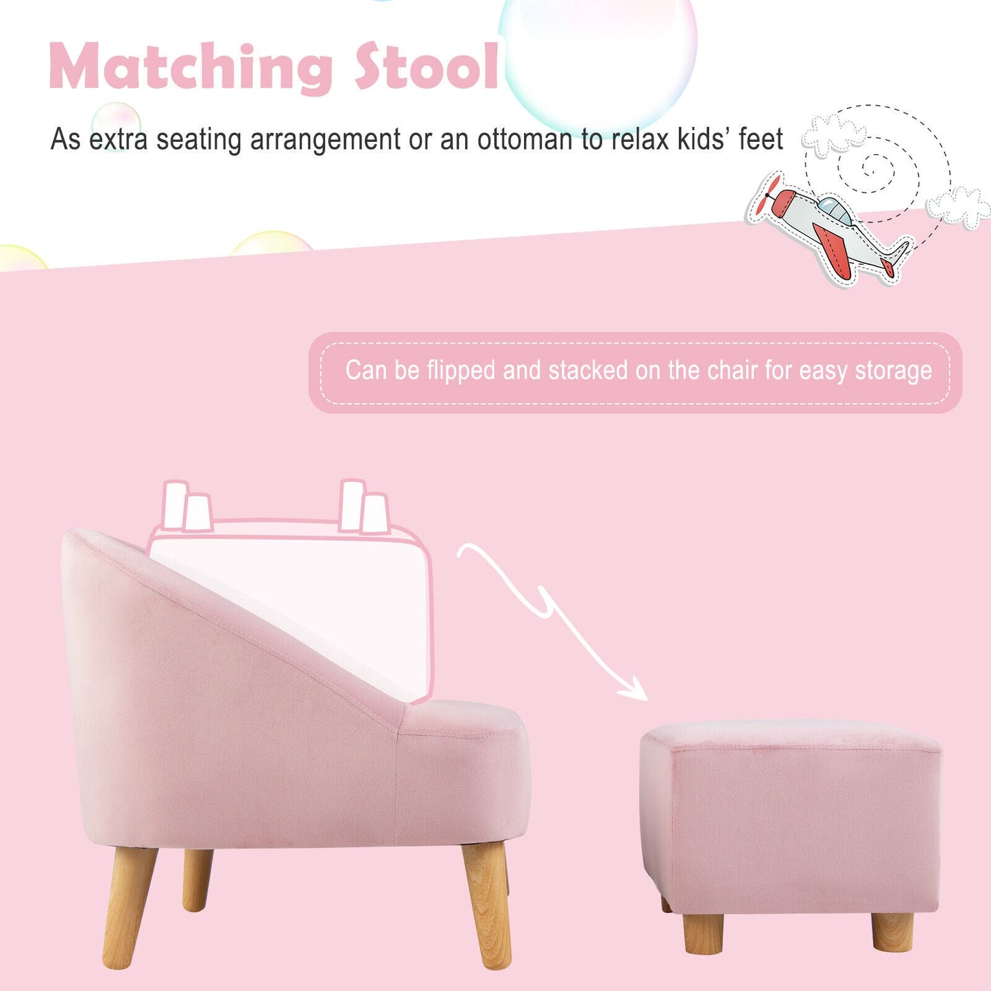 Soft Velvet Kids Sofa Chair with Ottoman - Pink
