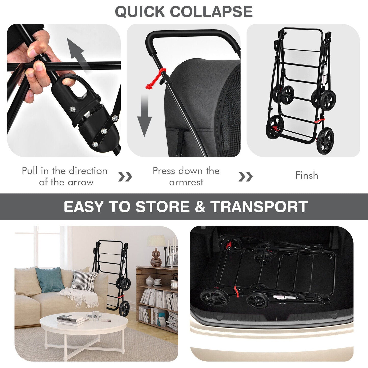 Carrito para Mascotas Doble 4 en 1 con Transportín Desmontable - Negro