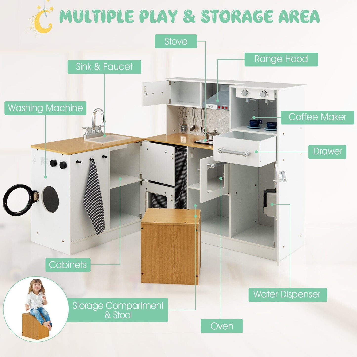 Juego de Cocina de Madera para Niños de 2 Piezas con Luz y Sonido