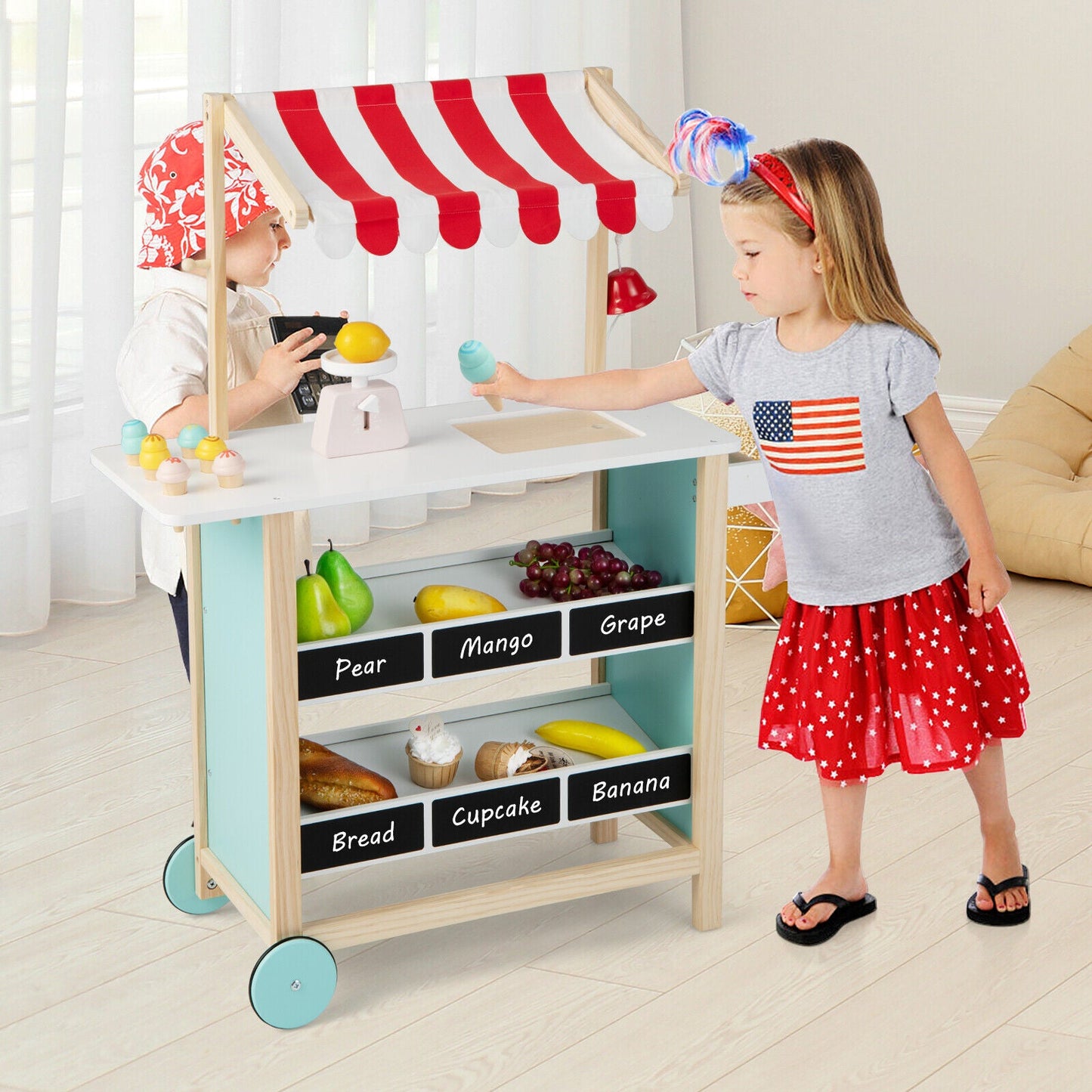 Kids Wooden Ice Cream Cart with Chalkboard and Storage - Red