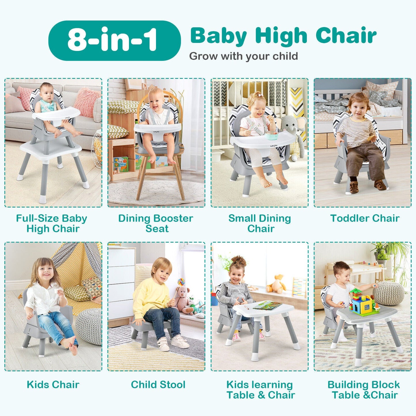 Chaise haute convertible 6-en-1 pour bébé - Gris et blanc