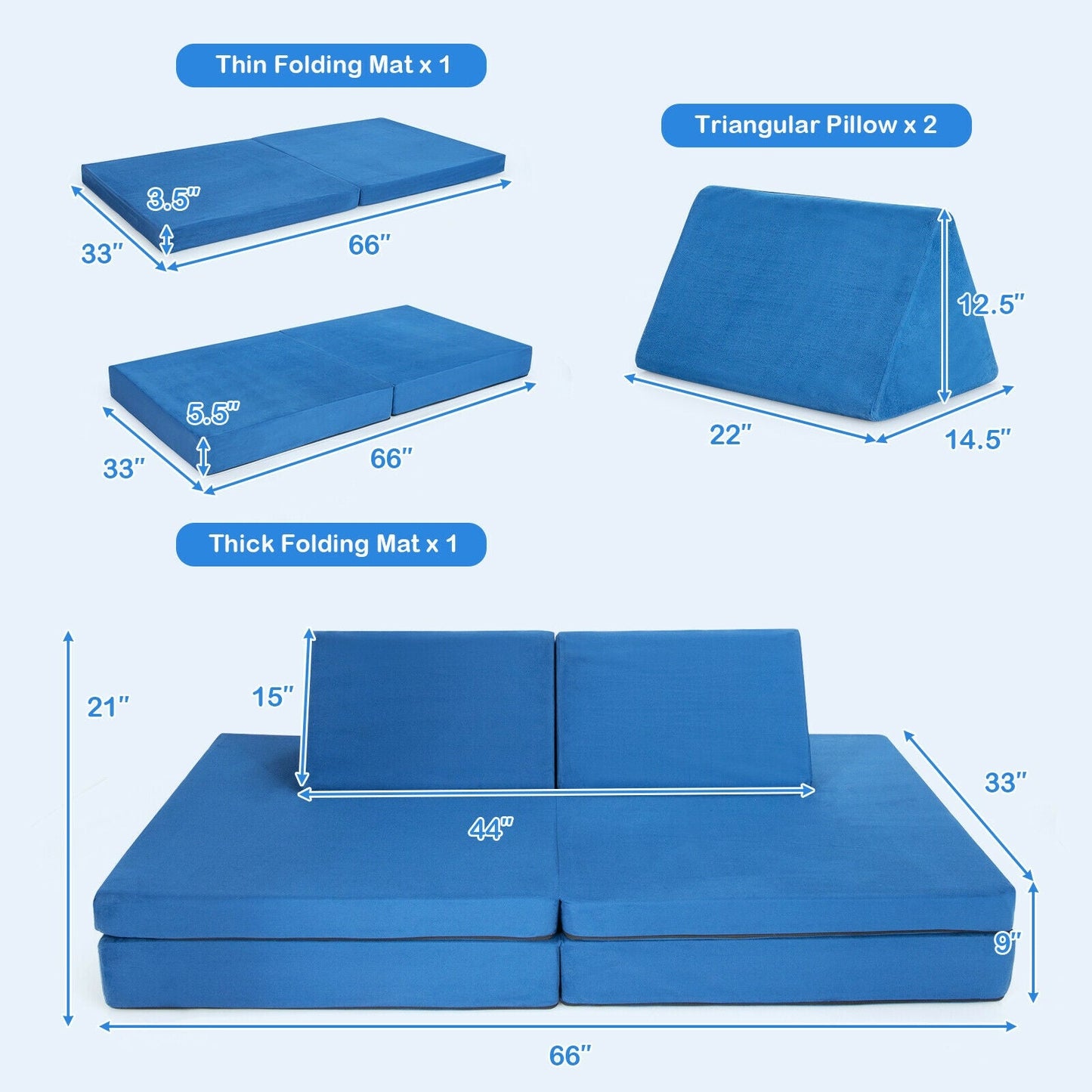 Ensemble de canapé convertible pour enfants en 4 pièces avec tapis pliants - Bleu