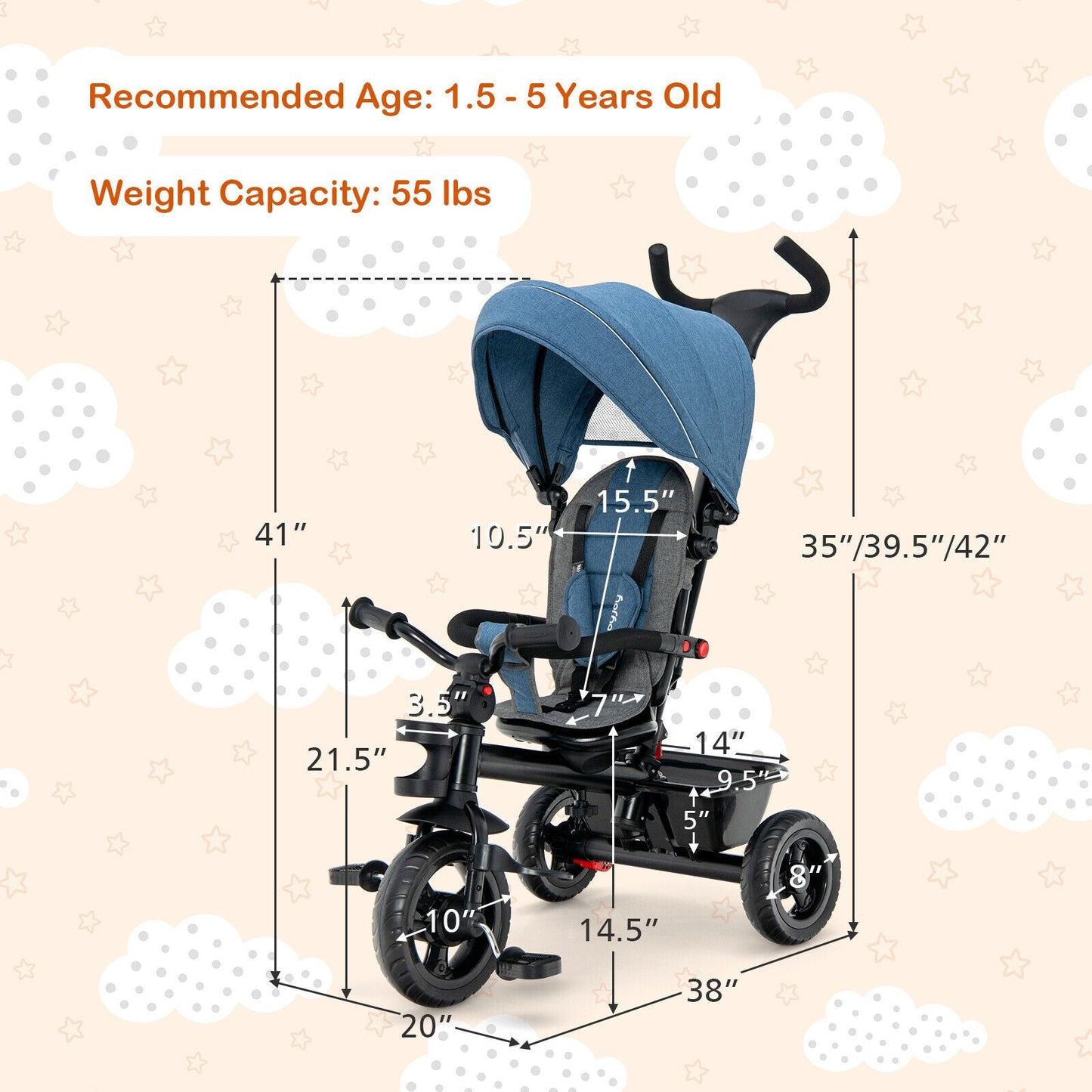 4-in-1 Baby Tricycle Toddler Trike - Blue