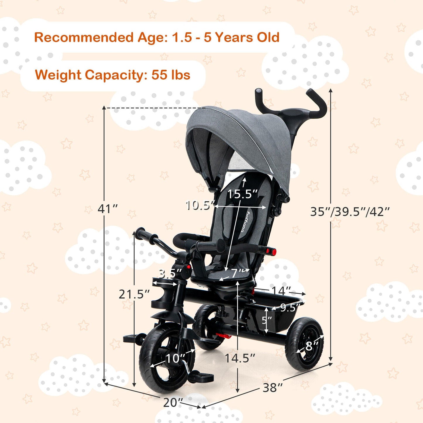 4-in-1 Baby Tricycle Toddler Trike - Gray