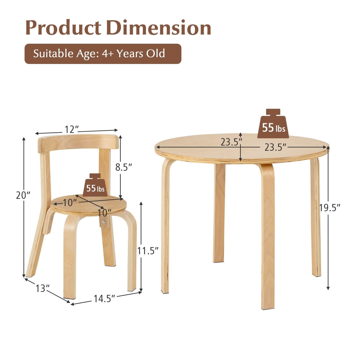 5-Piece Kids Wooden Activity Table and Chair Set - Natural