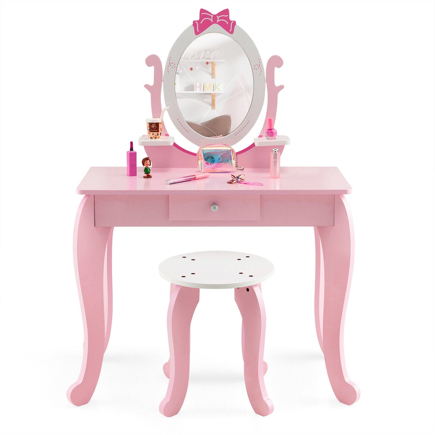 Conjunto de Mesa de Tocador y Taburete para Niños con Espejo Rotatorio - Rosa