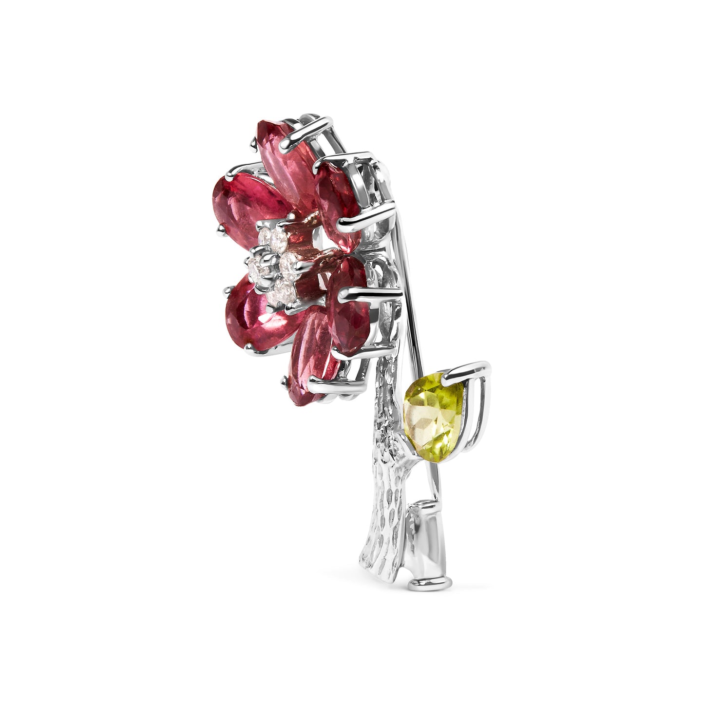 Broche épingle en or blanc 18K avec diamants et tourmaline en forme de fleur