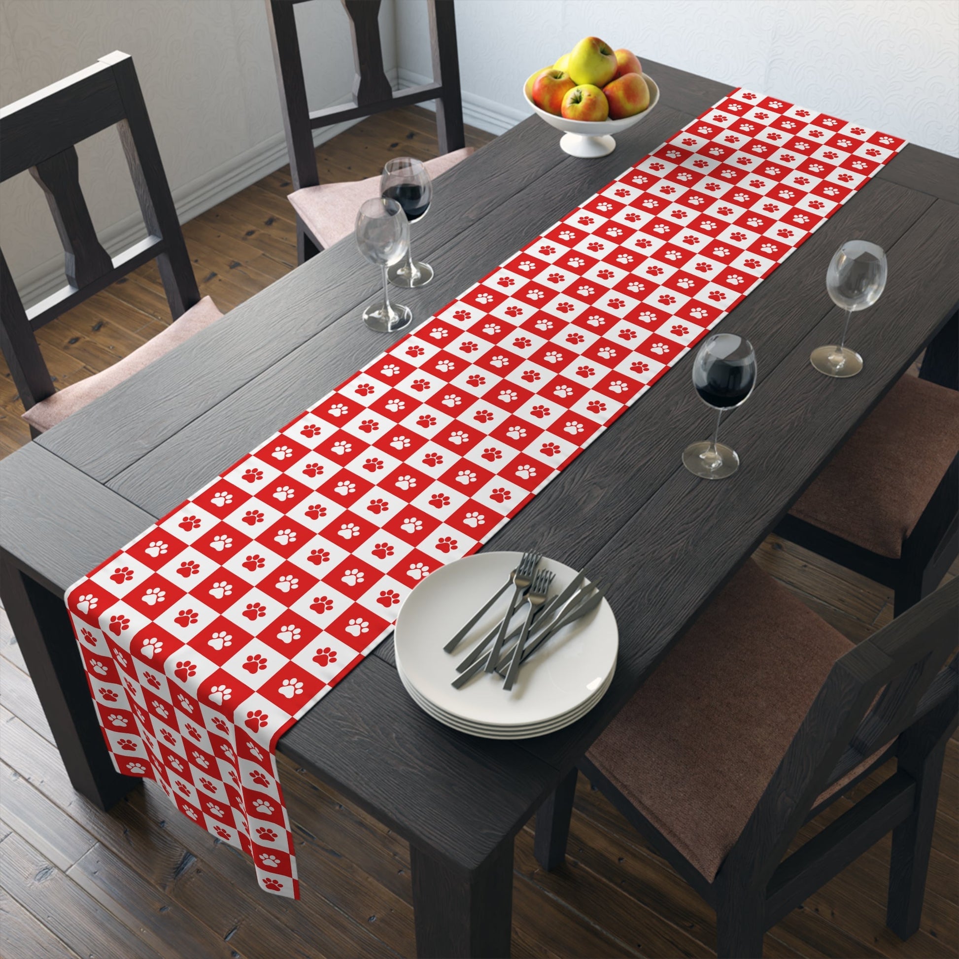 Charming Red & White Paws Table Runner - Cotton & Polyester Options - Korvel