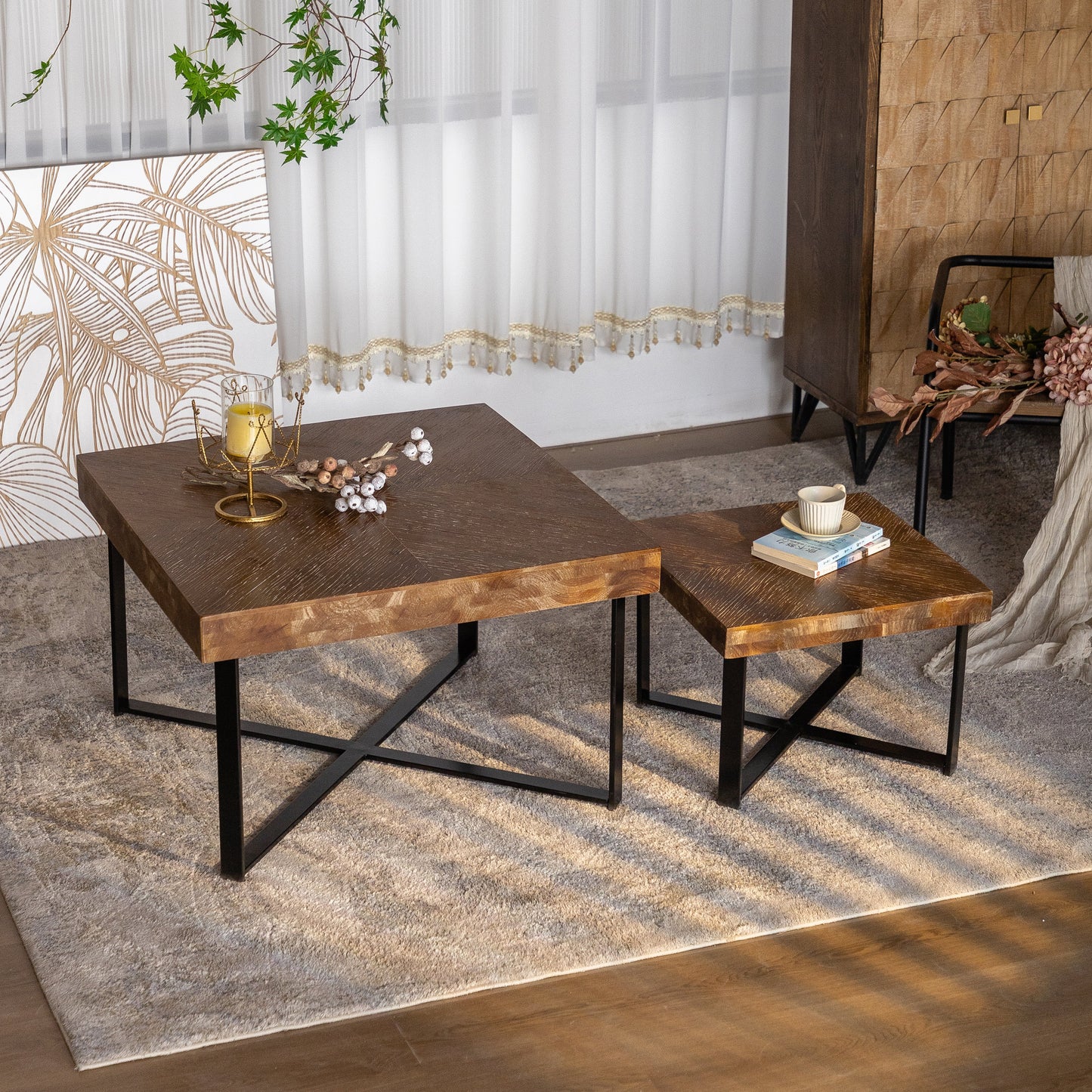 31.3"Modern Retro Splicing Square Coffee Table  Fir Wood Table Top with Cross Legs Metal Base (Set of 2 pcs ) - Korvel