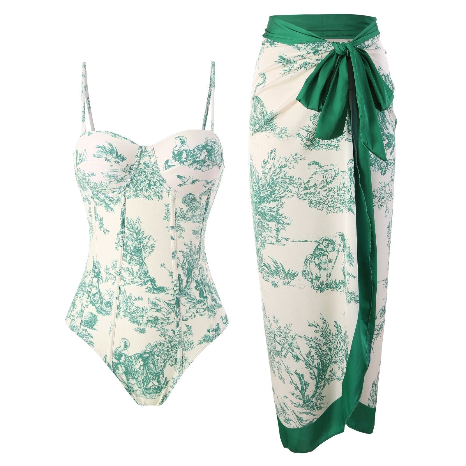 New one-piece swimsuit women's tight fitting slimming retro strap sunscreen long skirt two-piece set - Korvel