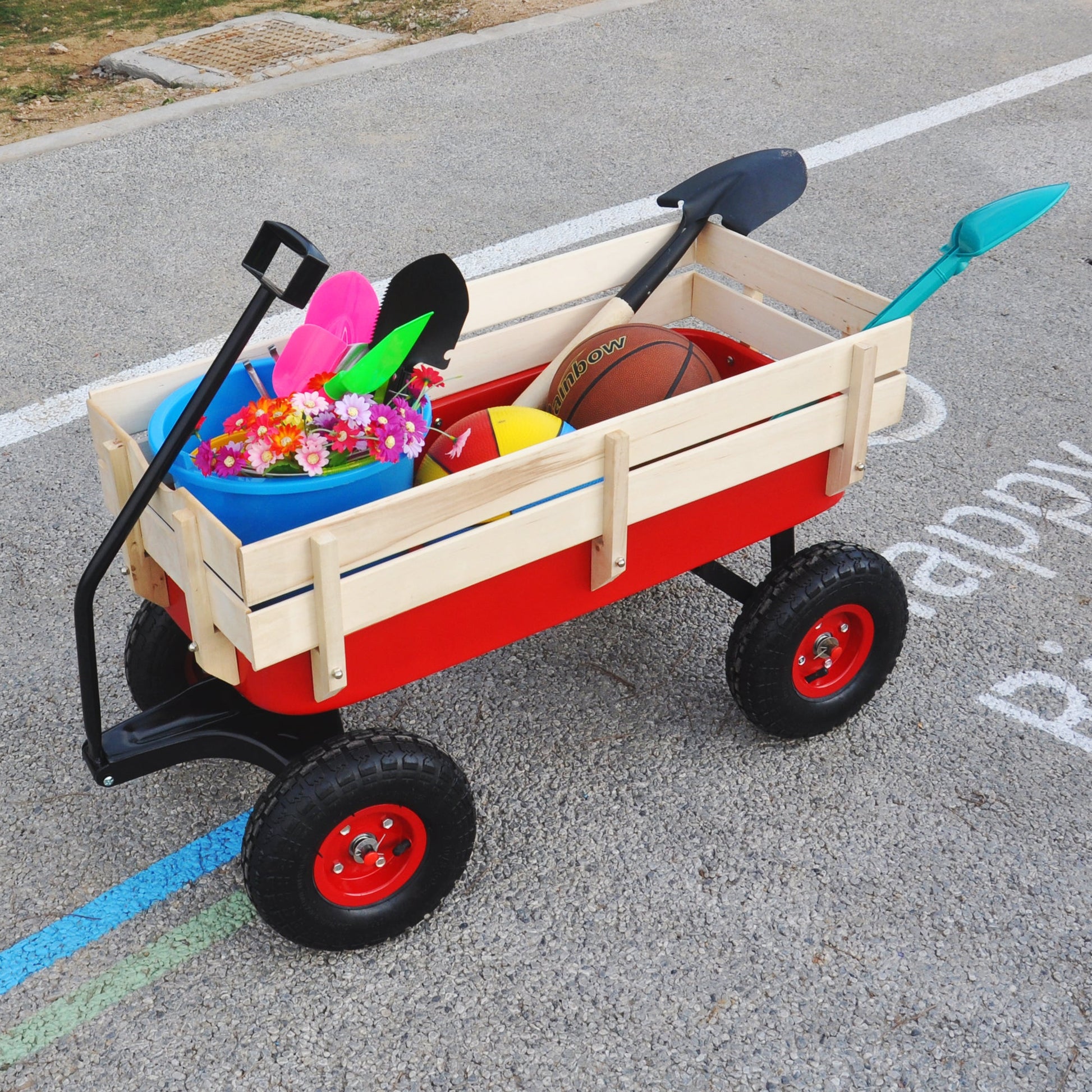 Outdoor Wagon All Terrain Pulling w/Wood Railing Air Tires Children Kid Garden（Red） - Korvel