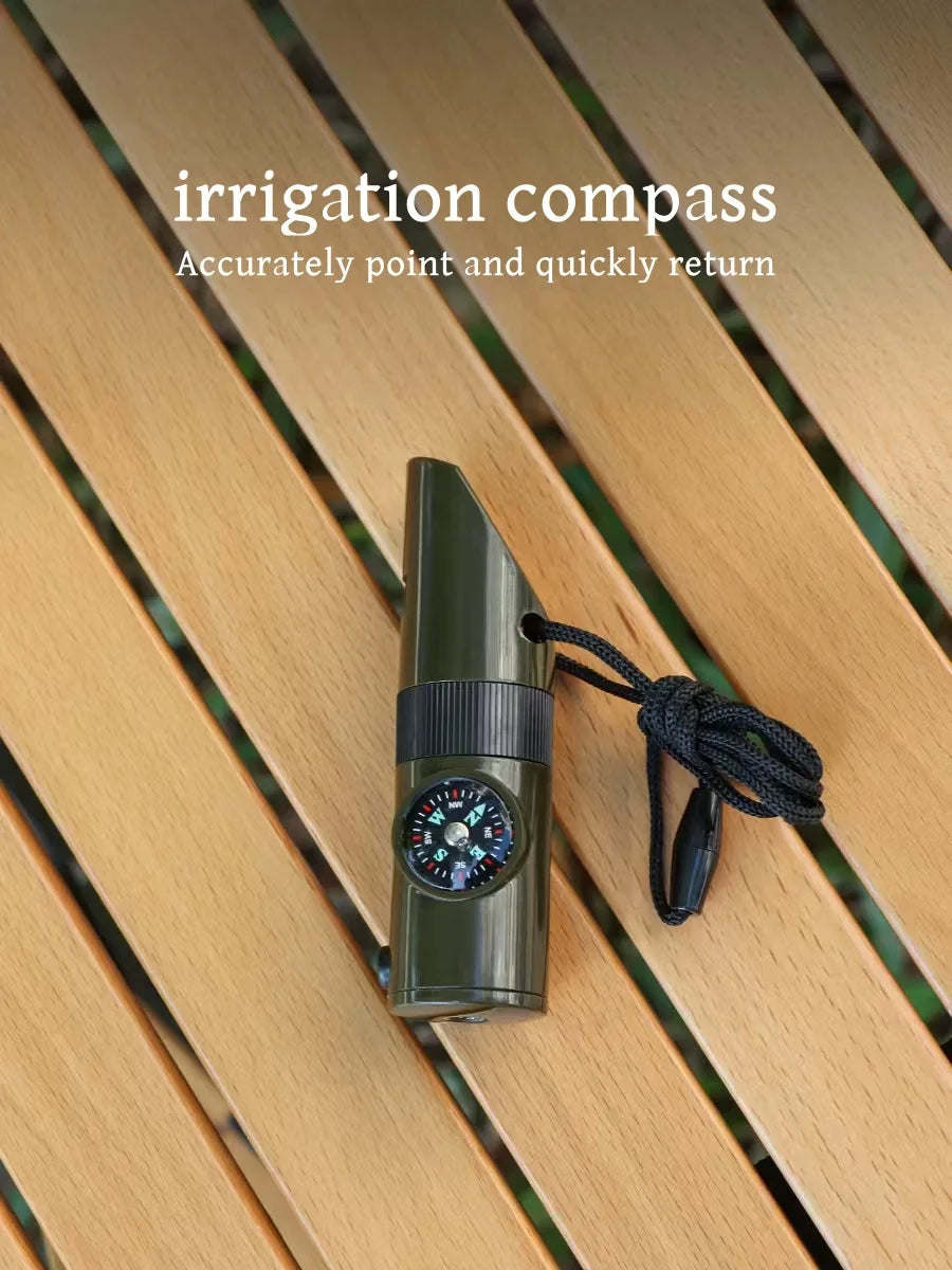 NEW 7 in 1 Survival Whistle Hiking Whistle Compass Mirror Flashlight Magnifier LED Light Thermometer Storage Compass Tool - Korvel