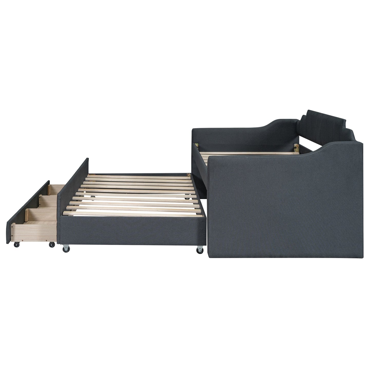 Twin Size Upholstered Daybed with Trundle and Three Drawers Grey - Korvel