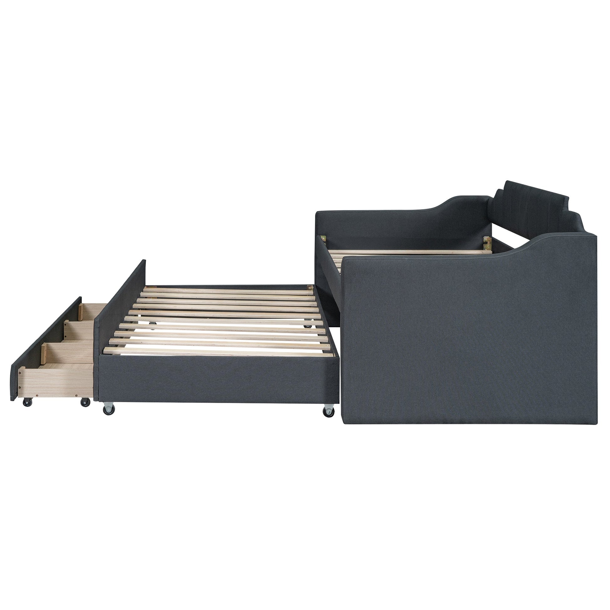 Twin Size Upholstered Daybed with Trundle and Three Drawers Grey - Korvel