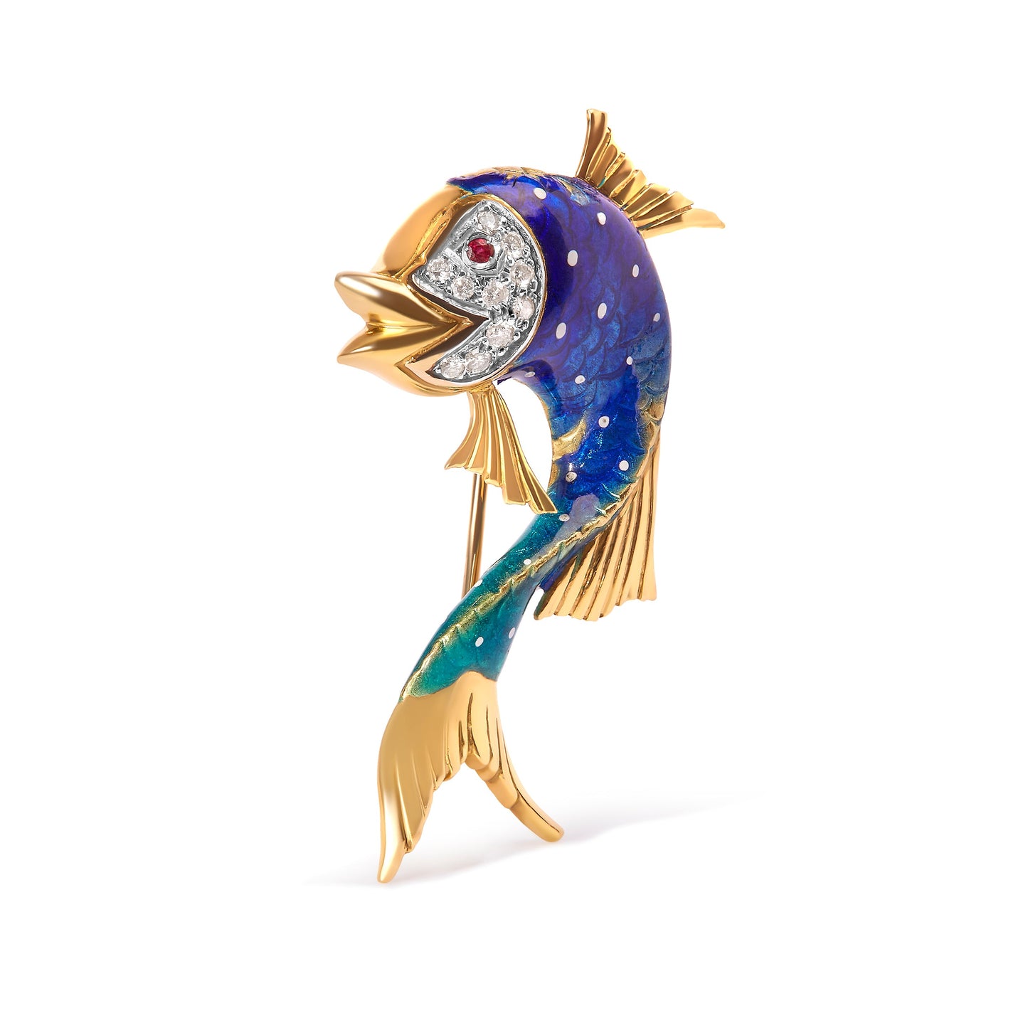 Elegante broche de pez de oro amarillo de 18 quilates con diamantes y zafiros