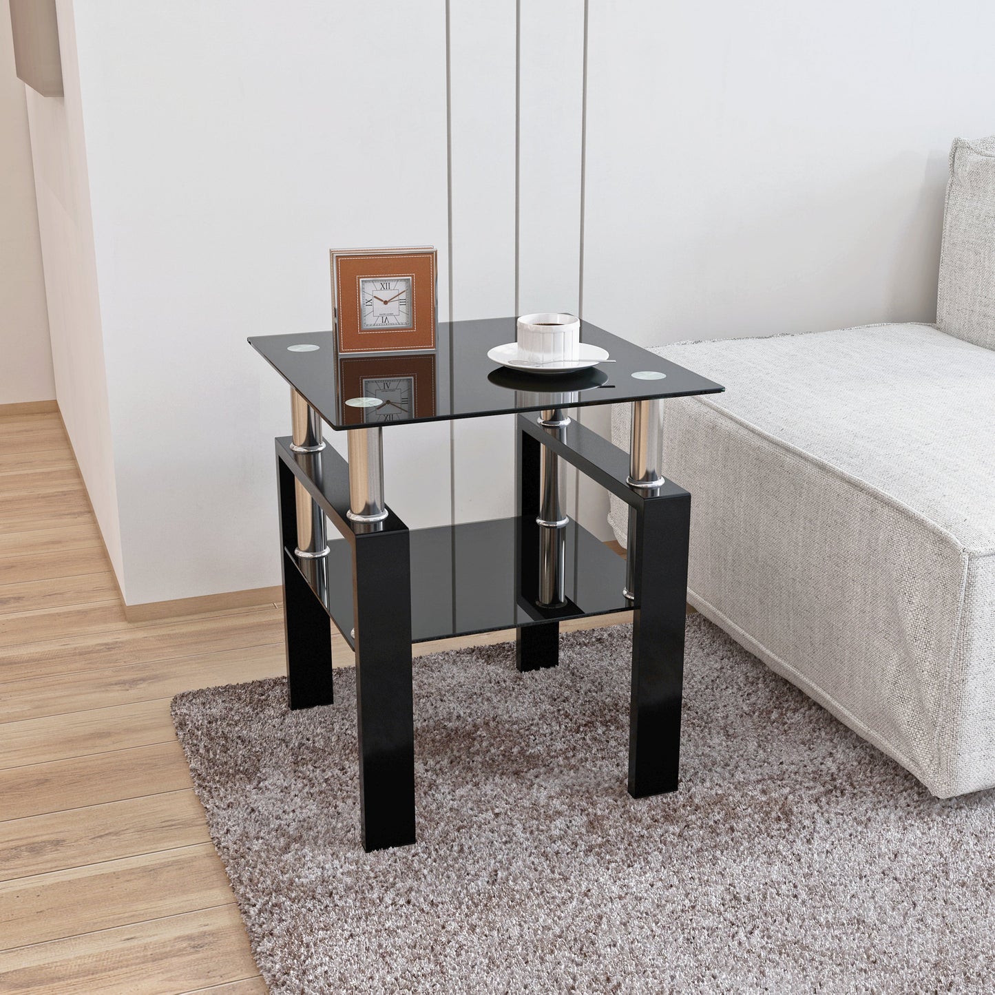 1-Piece Modern Tempered Glass Tea Table Coffee Table End Table, Square Table for Living Room, Black - Korvel