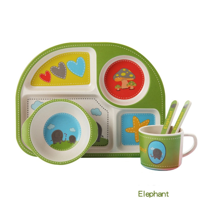 5pcs/set Baby Dinnerware Bamboo Fiber Children Tableware Set Plate Dishes Bowl With Spoon Cartoon Feeding Set Food Container - Korvel