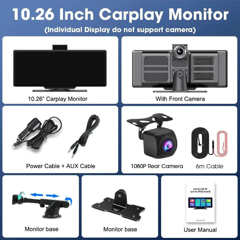 Caméra de tableau de bord miroir 4K 10,26'' avec Carplay et Android Auto