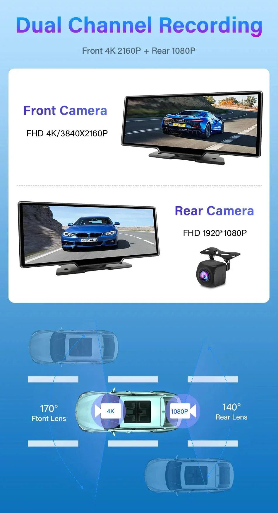 Caméra de tableau de bord miroir 4K 10,26'' avec Carplay et Android Auto