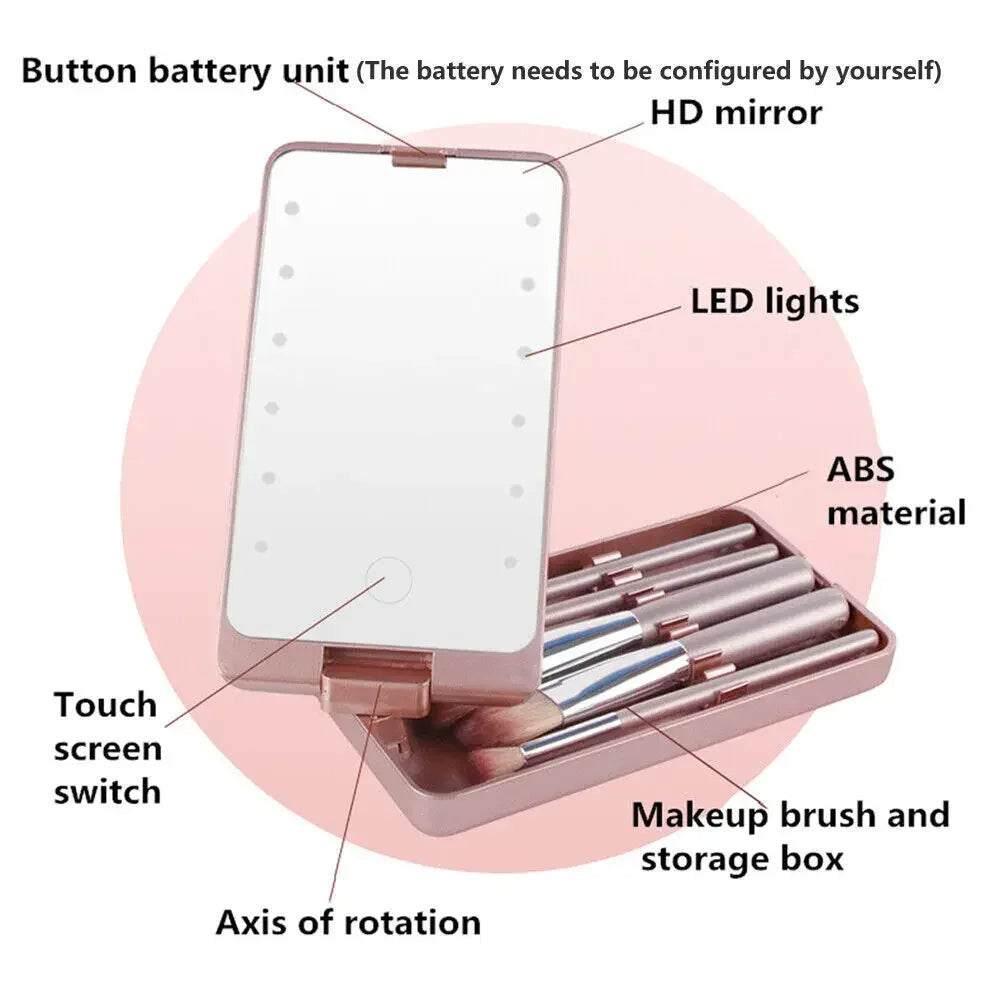 LED Folding Rotating Cosmetic Mirror with Brush Storage