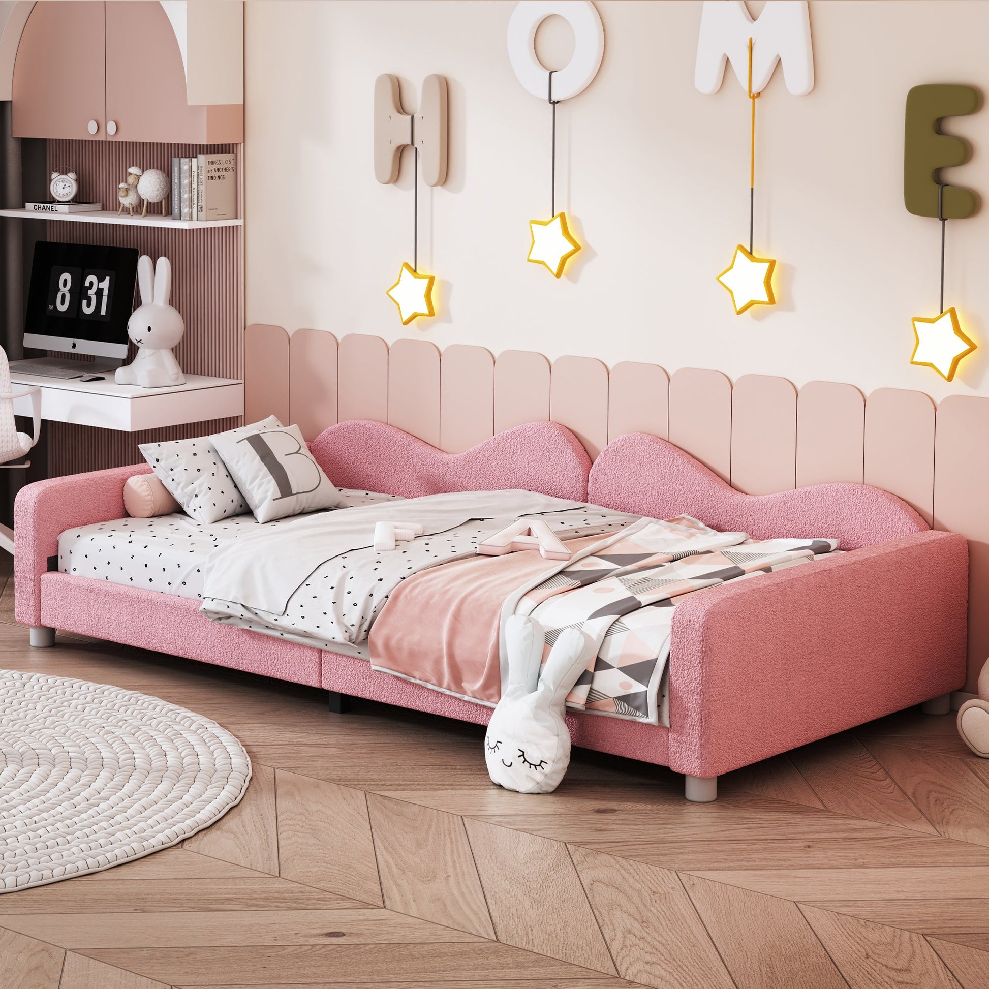 Twin size Upholstered Daybed, Sherpa Fabric Sofabed with Cloud-Shaped Backrest, No Box-spring Needed, Pink - Korvel