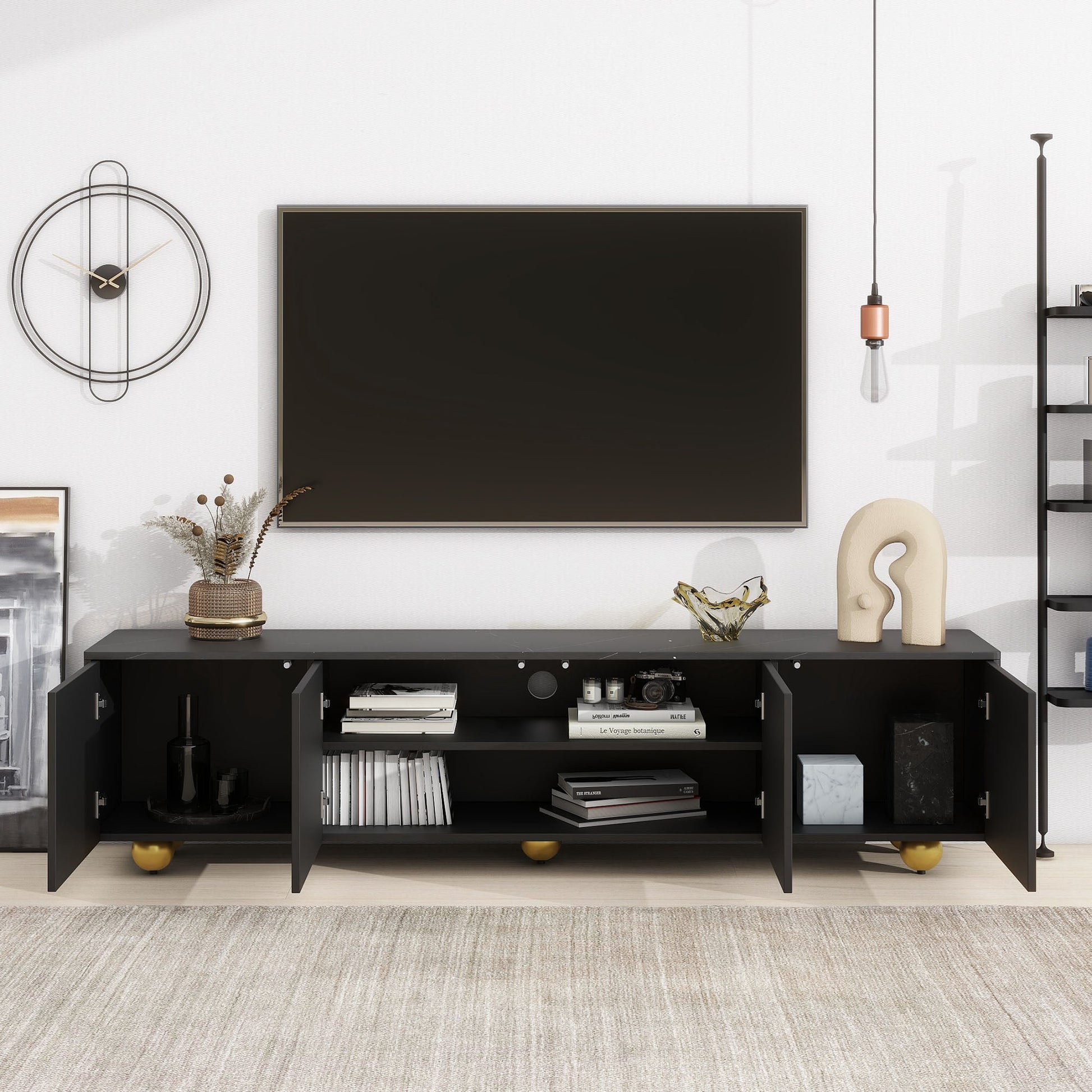 U-Can modern TV stand is suitable for TVs under 75 inches and comes with a storage cabinet top marble pattern and circular stand - Korvel