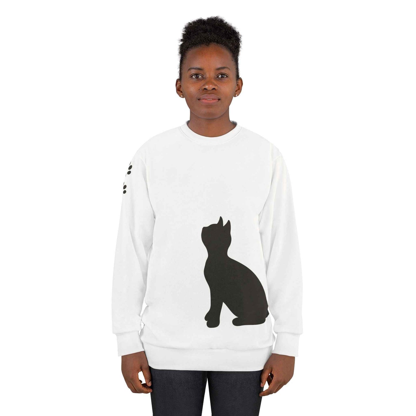 Minimalist Cat Silhouette Crewneck - Dual Black Cats with Paw-Print Sleeve