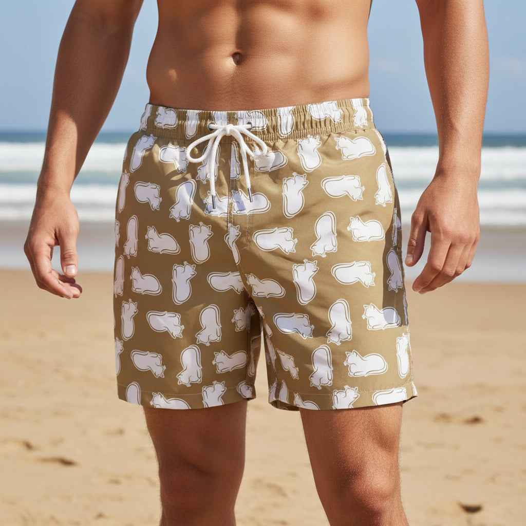 Shorts de bain Laid-Back Cat Chaos – Imprimé ton sable