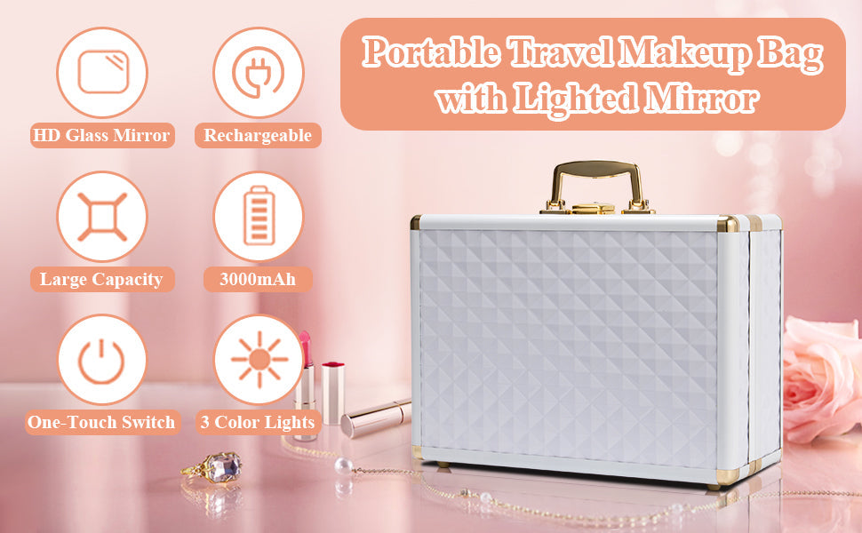 Portable makeup case, travel makeup bag with LED mirror, locked makeup storage box, brush holder, divider, rechargeable, white - Korvel