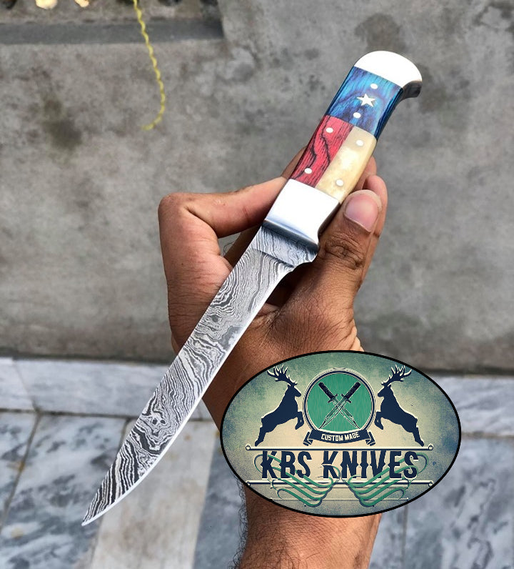 Handcrafted Texas Flag Damascus Steel Fillet-Boning Knife with Exotic Wood-Bone Handle - Korvel