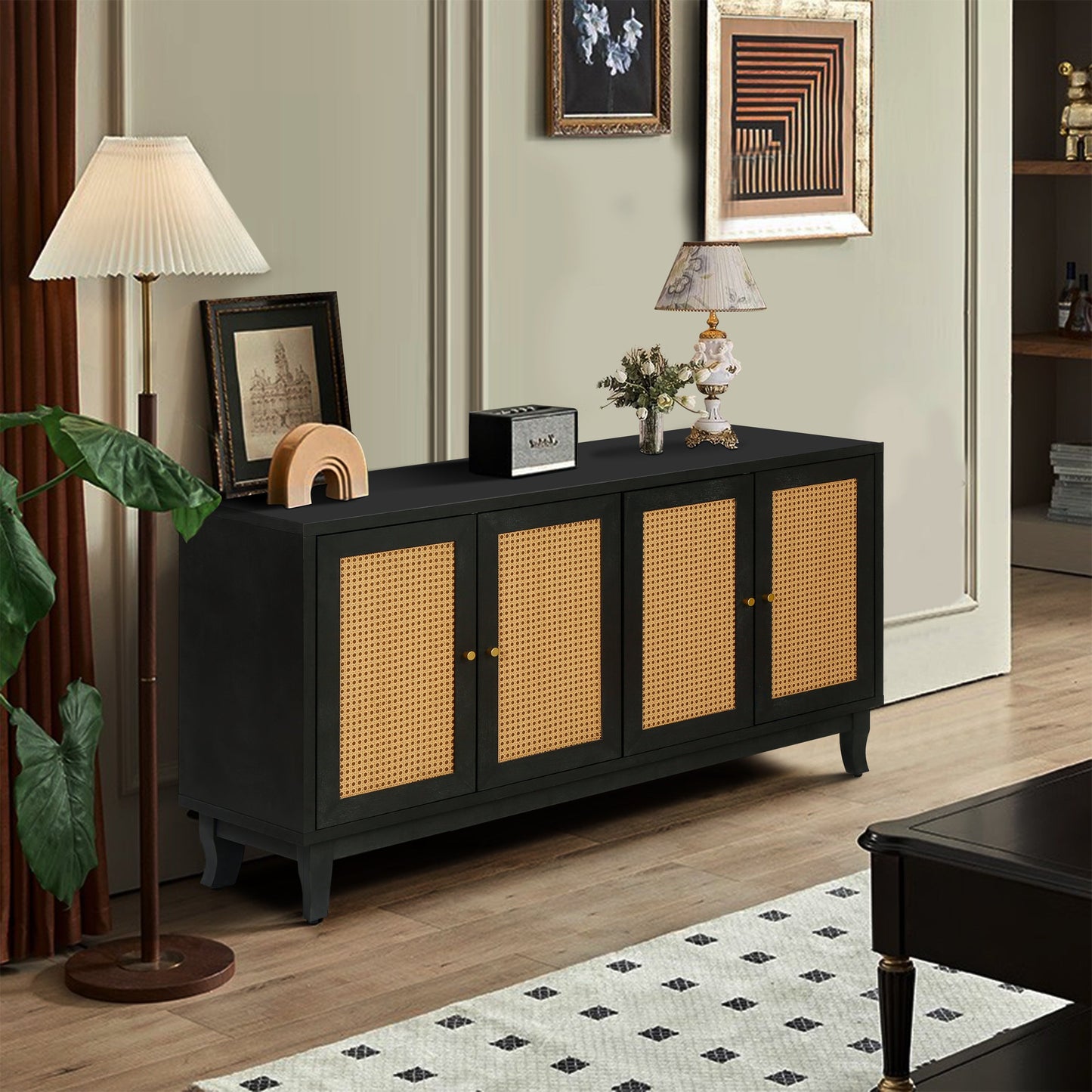 Handcrafted Premium Grain Panels Rattan Sideboard Buffer Cabinet Accent Storage Cabinet With 4 Rattan Doors BLACK - Korvel