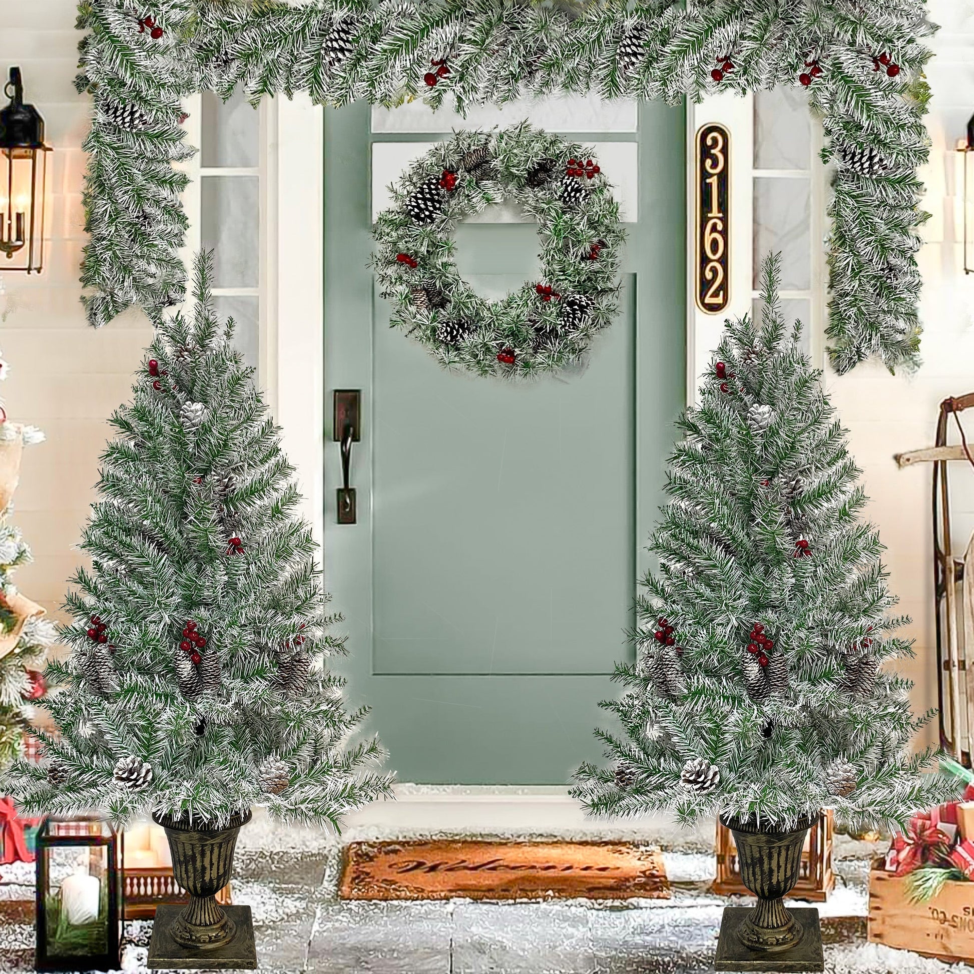Pre-lit Xmas Tree Artificial Christmas 4-Piece Set,Garland, Wreath and Set of 2 Entrance Trees X-mas - Korvel