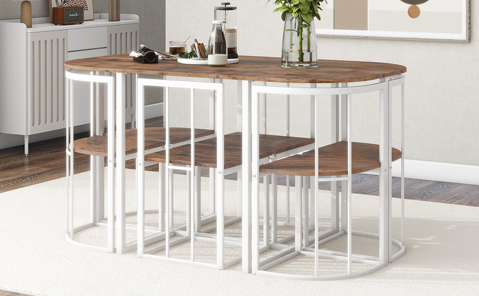 TOPMAX Modern 7-Piece Dining Table Set with Faux Marble Compact 55Inch Kitchen Table Set for 6  White+Cherry - Korvel