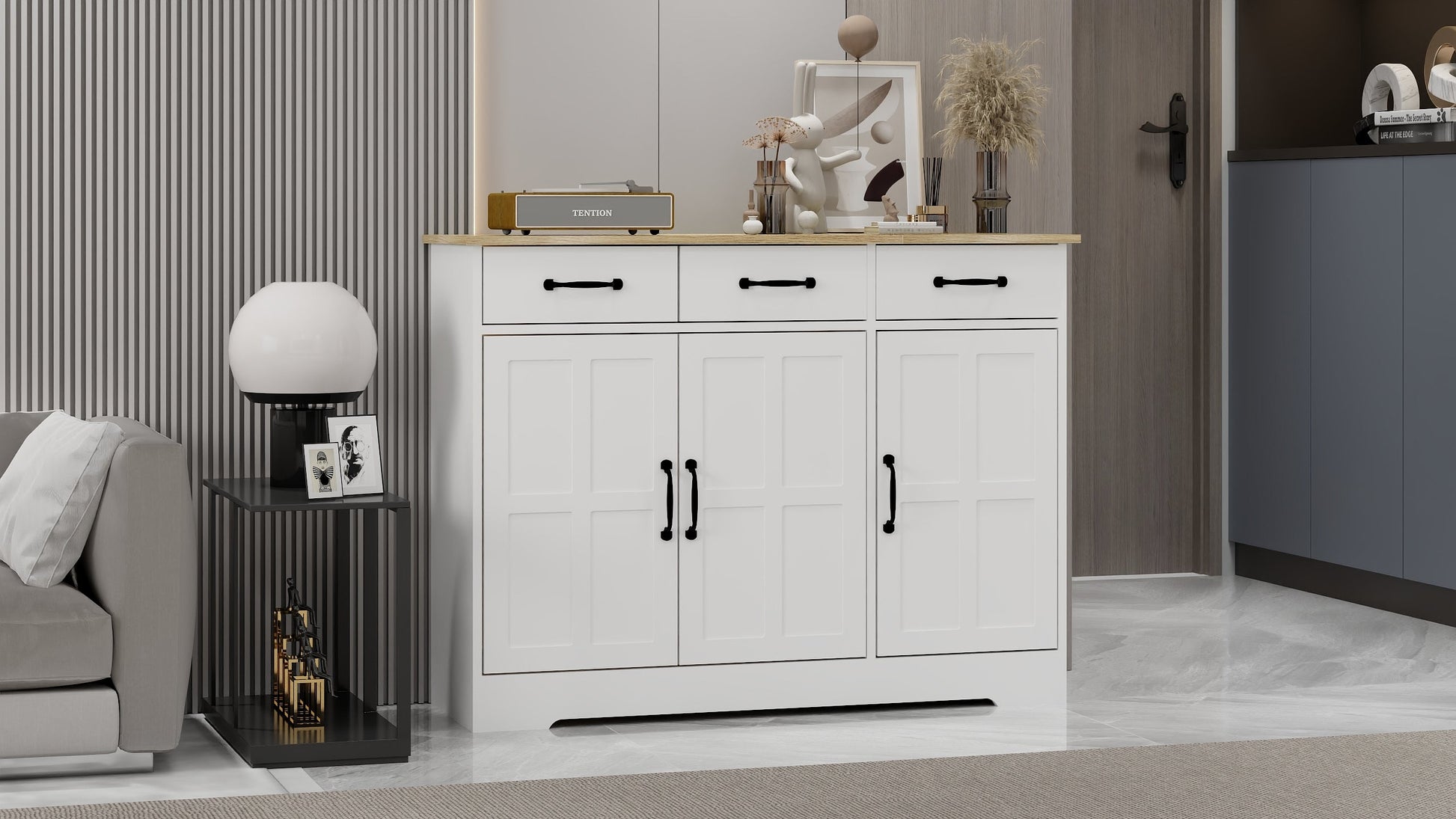 Farmhouse Buffet Cabinet Storage Sideboard with 3 Drawers and 3 Doors for Dining Living Room Kitchen Cupboard-White - Korvel