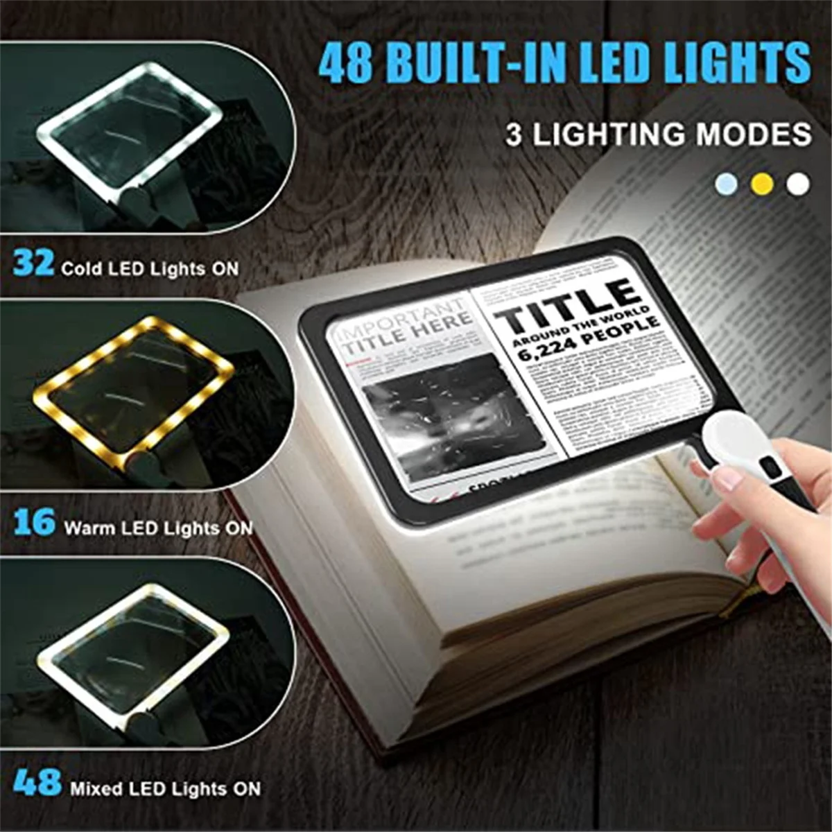 Full-Page 5X Magnifying Glass for Reading, Folding Lighted Magnifier with 48 LED Lights, Rectangular Handhold Magnifier - Korvel