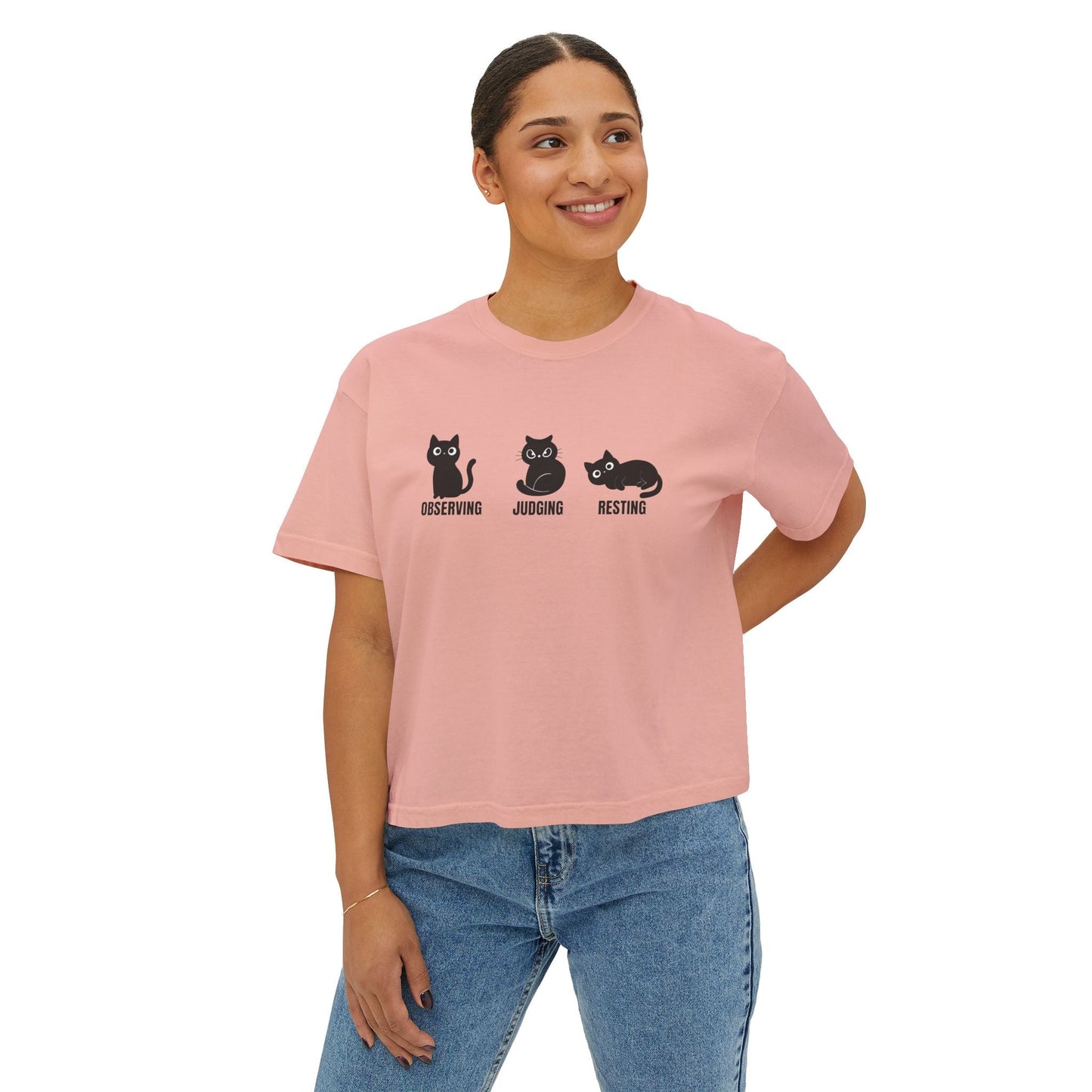 T-shirt Boxy Cropped Chat Observateur Juge Reposant