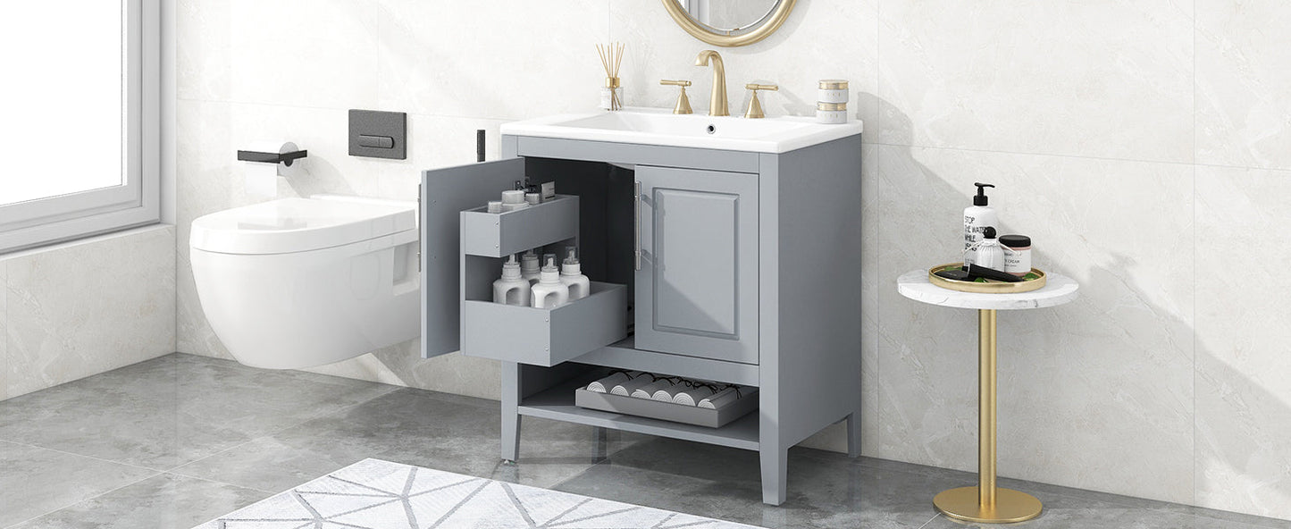 30" Bathroom Vanity with Sink, Multi-functional Bathroom Cabinet with Doors and Drawers, Solid Frame and MDF Board, Grey - Korvel