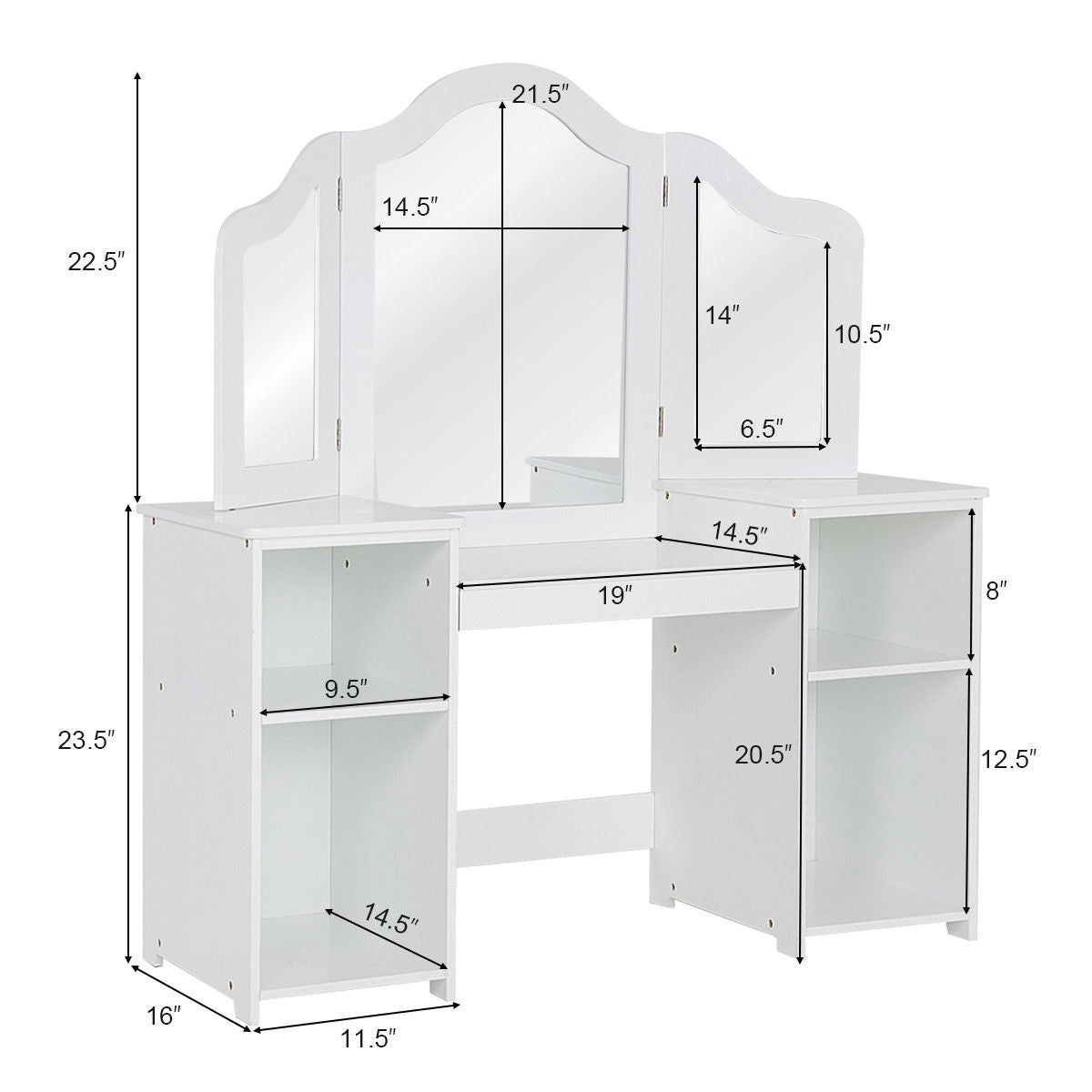 Kids Tri Folding Mirror Makeup Vanity Table Set - White