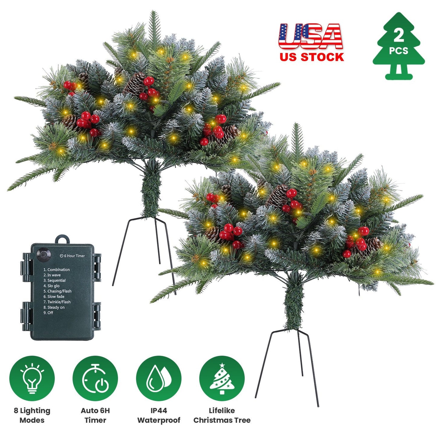 2Pcs Lighted Christmas Tree Urn Filler with Pine Cones & Berries