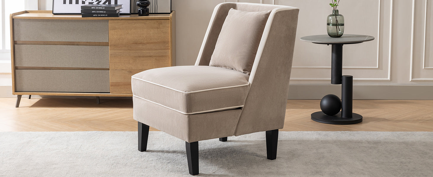 Velvet Upholstered Accent Chair with Cream Piping, Tan and Cream - Korvel