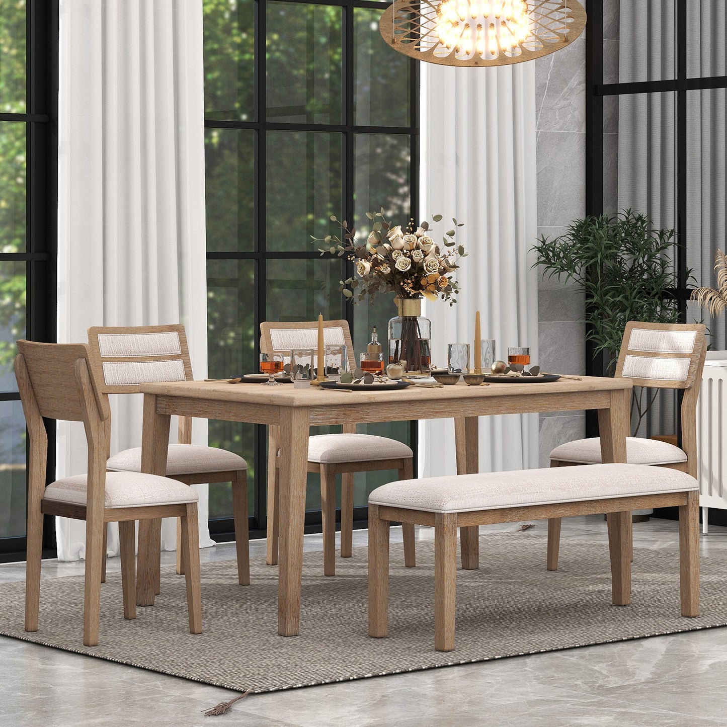TREXM Classic and Traditional Style 6 - Piece Dining Set, Includes Dining Table, 4 Upholstered Chairs & Bench (Natural Wood Wash） - Korvel