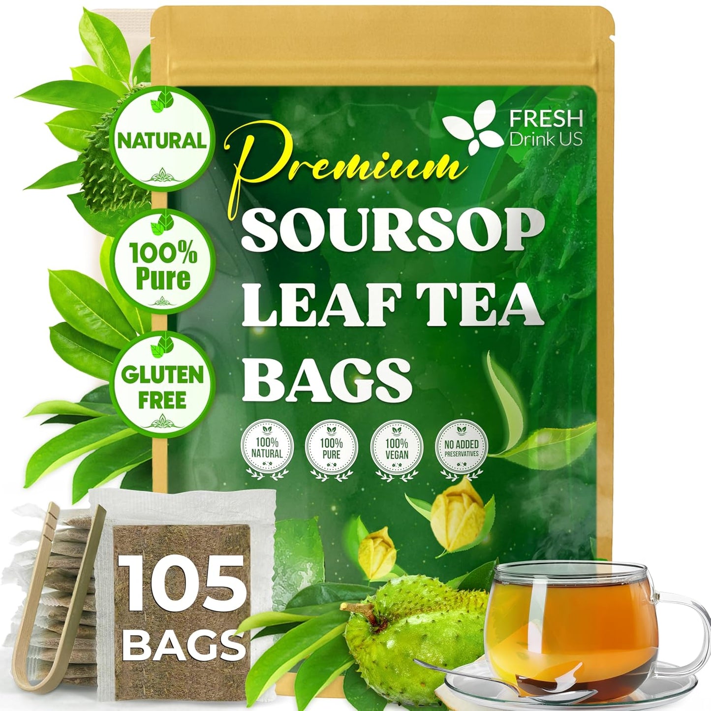 Bolsitas de té de hojas de guanábana premium, hojas de guanábana secas, polvo de hojas de guanábana, té de hojas de guanábana, té de hoja guanábana