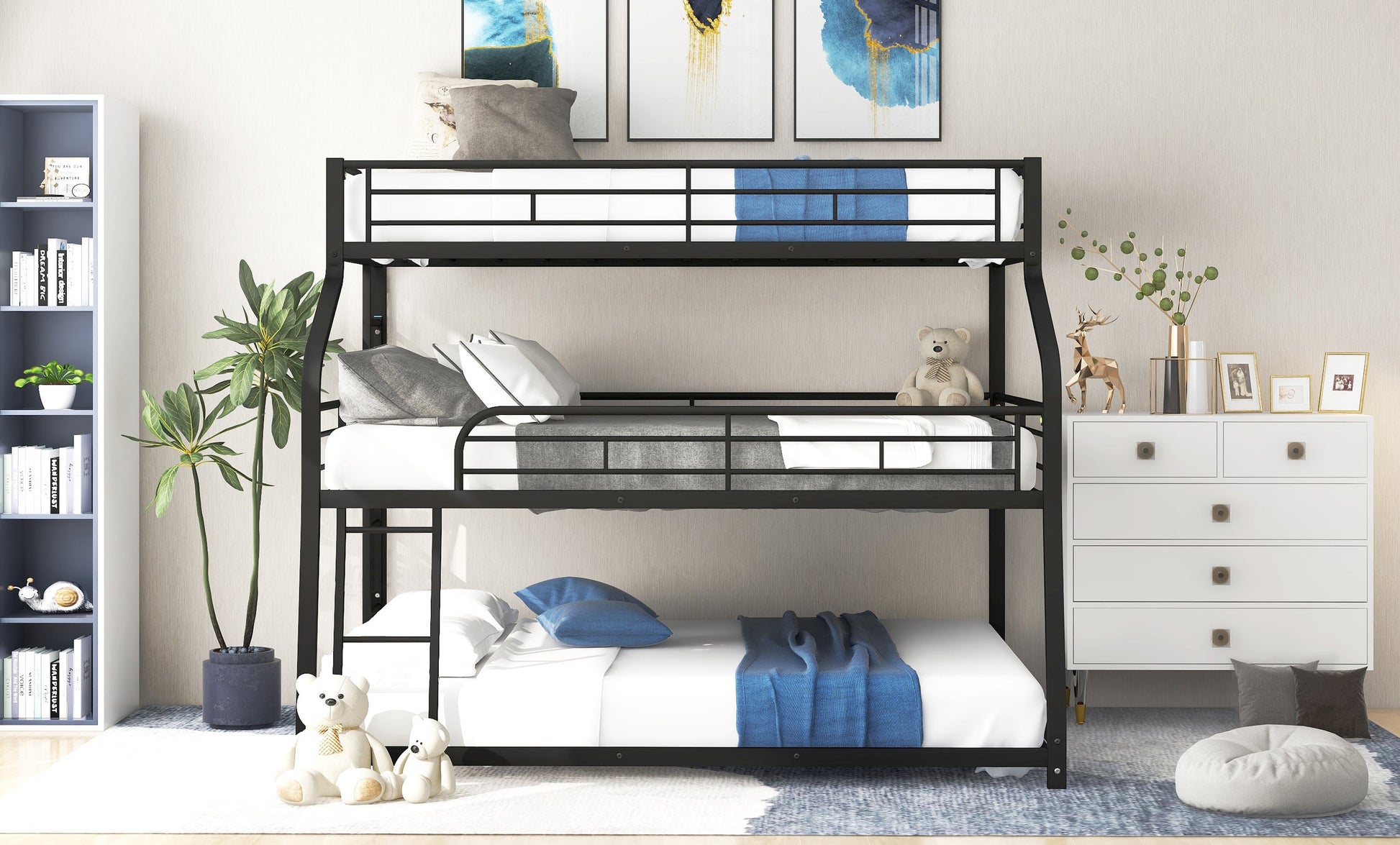 Twin XL/Full XL/Queen Triple Bunk Bed with Long and Short Ladder and Full-Length Guardrails Black - Korvel