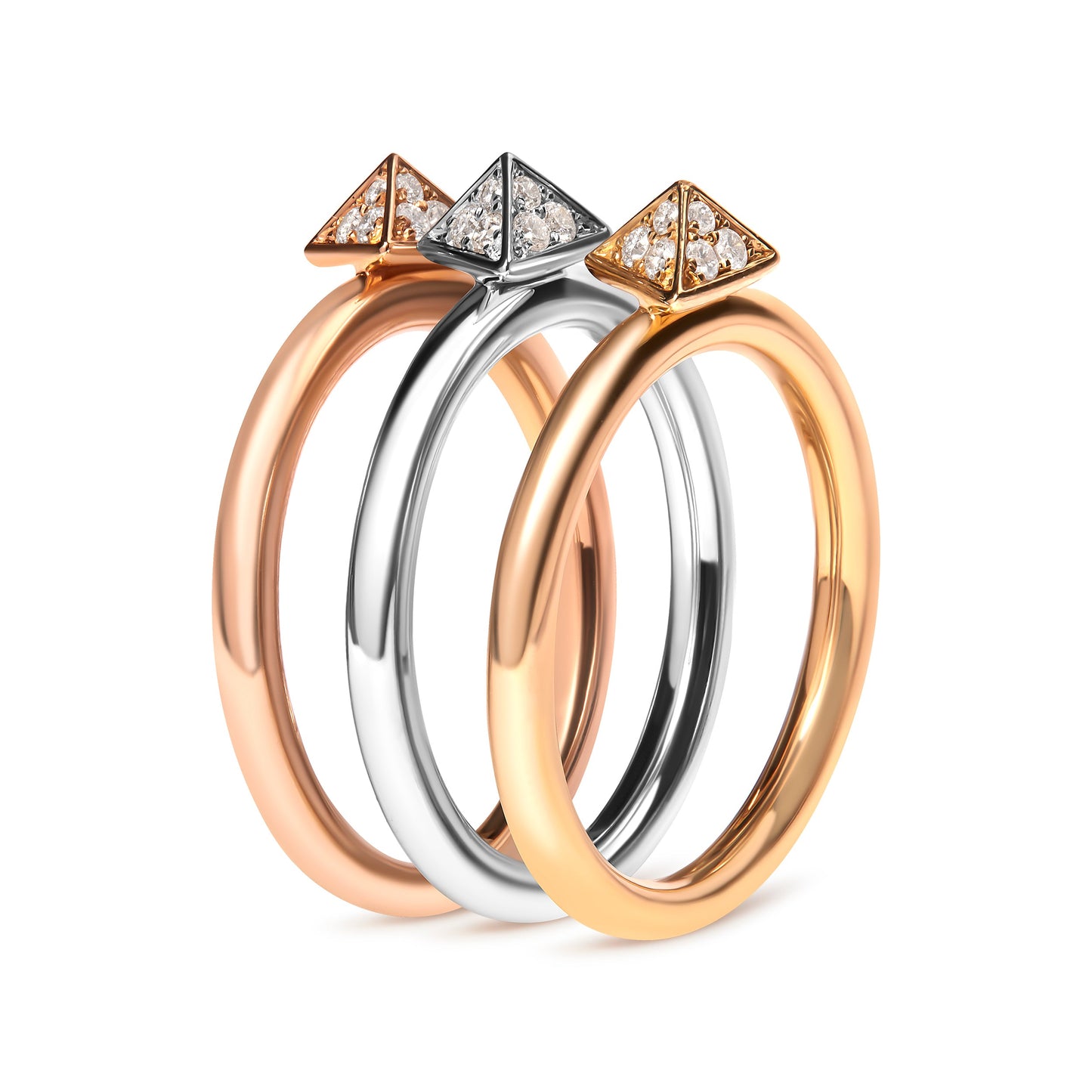 14K Tri Color Gold Diamond Pyramid Stackable Band Ring Set - Size 7