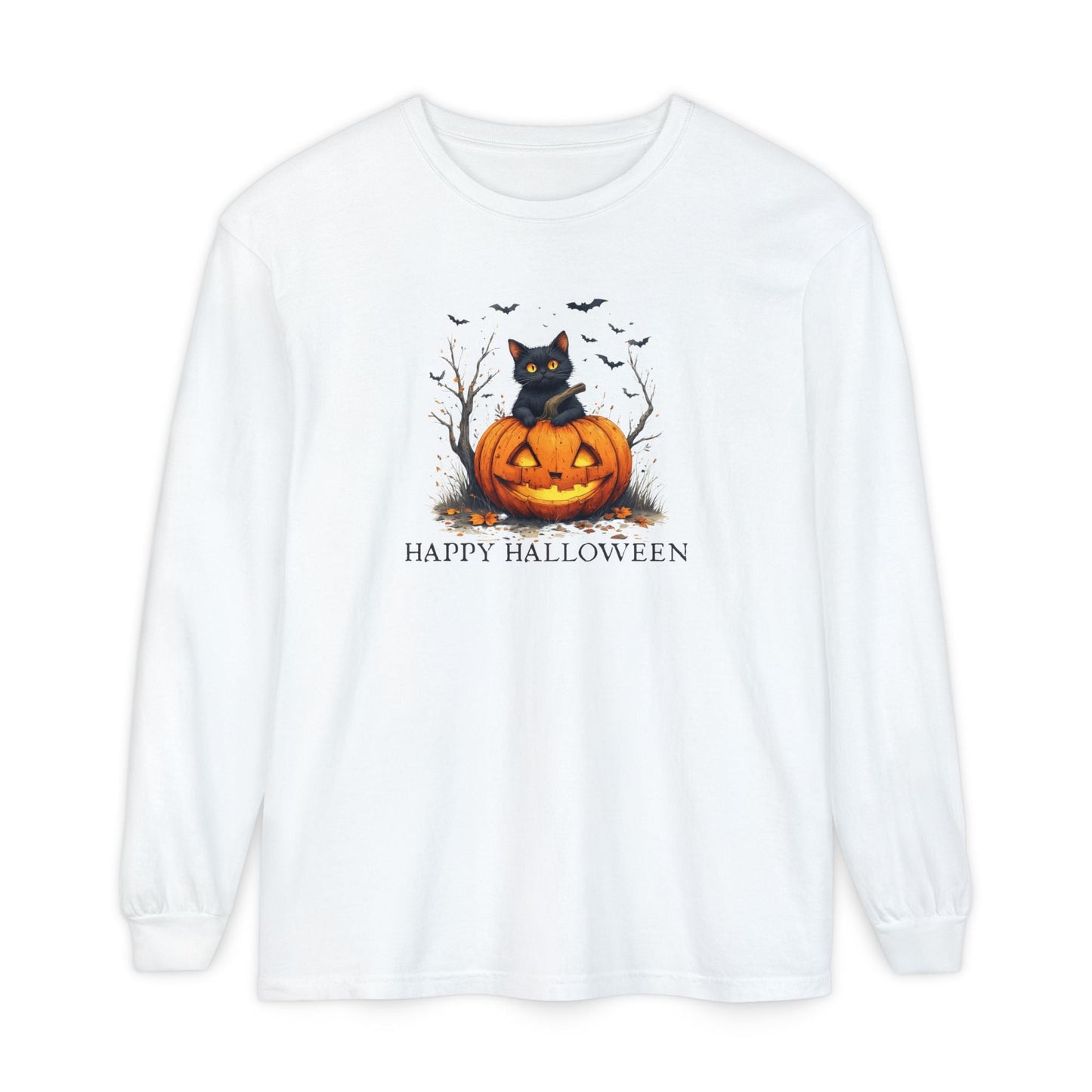 Happy Halloween Cat Long Sleeve Tee for Cat Lovers