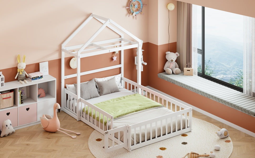 Wooden Full Size Children's Bed with Detachable Headboard and Integrated Clothes Drying Rack, White - Korvel